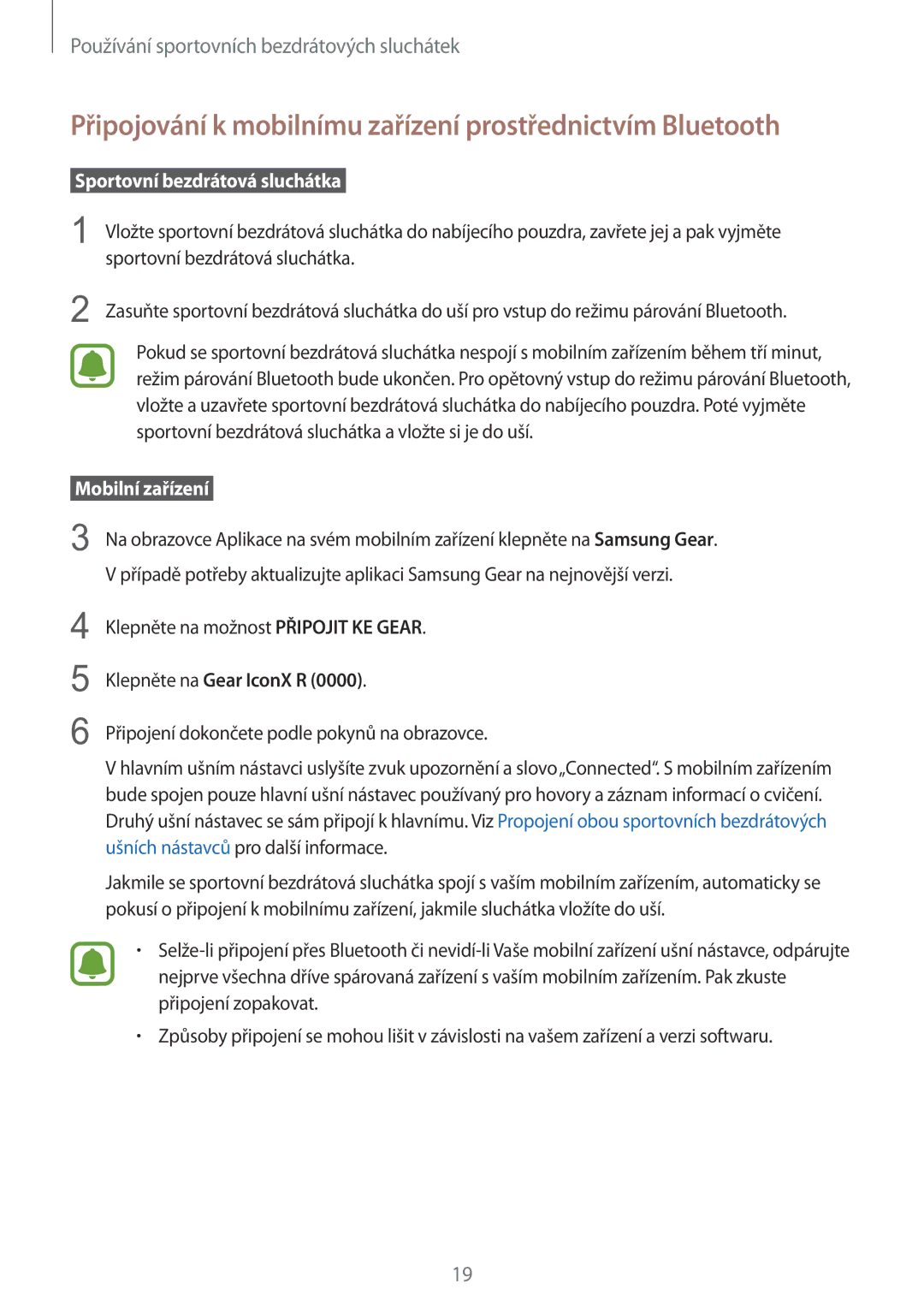 Samsung SM-R150NZWAXEZ manual Připojování k mobilnímu zařízení prostřednictvím Bluetooth,  Sportovní bezdrátová sluchátka  